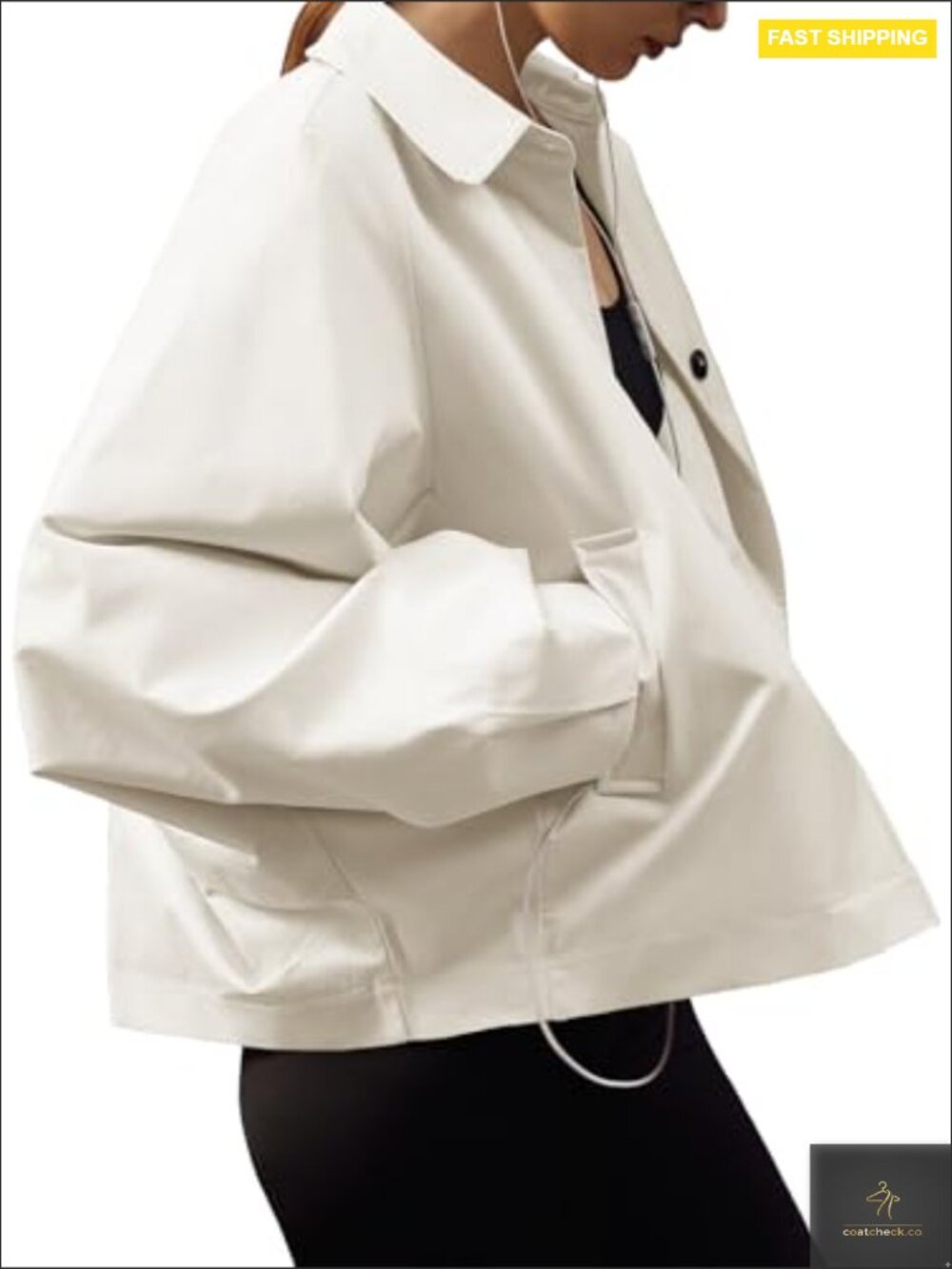 Cropped Trench Coat Lightweight Batwing Sleeve Oversized Chic Casual Outerwear - Picture 4 of 7